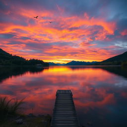 A serene landscape at sunset, featuring a tranquil lake reflecting the vibrant colors of the sky, surrounded by lush greenery and majestic mountains in the background