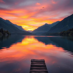 A serene landscape at sunset, featuring a tranquil lake reflecting the vibrant colors of the sky, surrounded by lush greenery and majestic mountains in the background