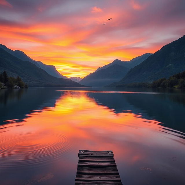 A serene landscape at sunset, featuring a tranquil lake reflecting the vibrant colors of the sky, surrounded by lush greenery and majestic mountains in the background