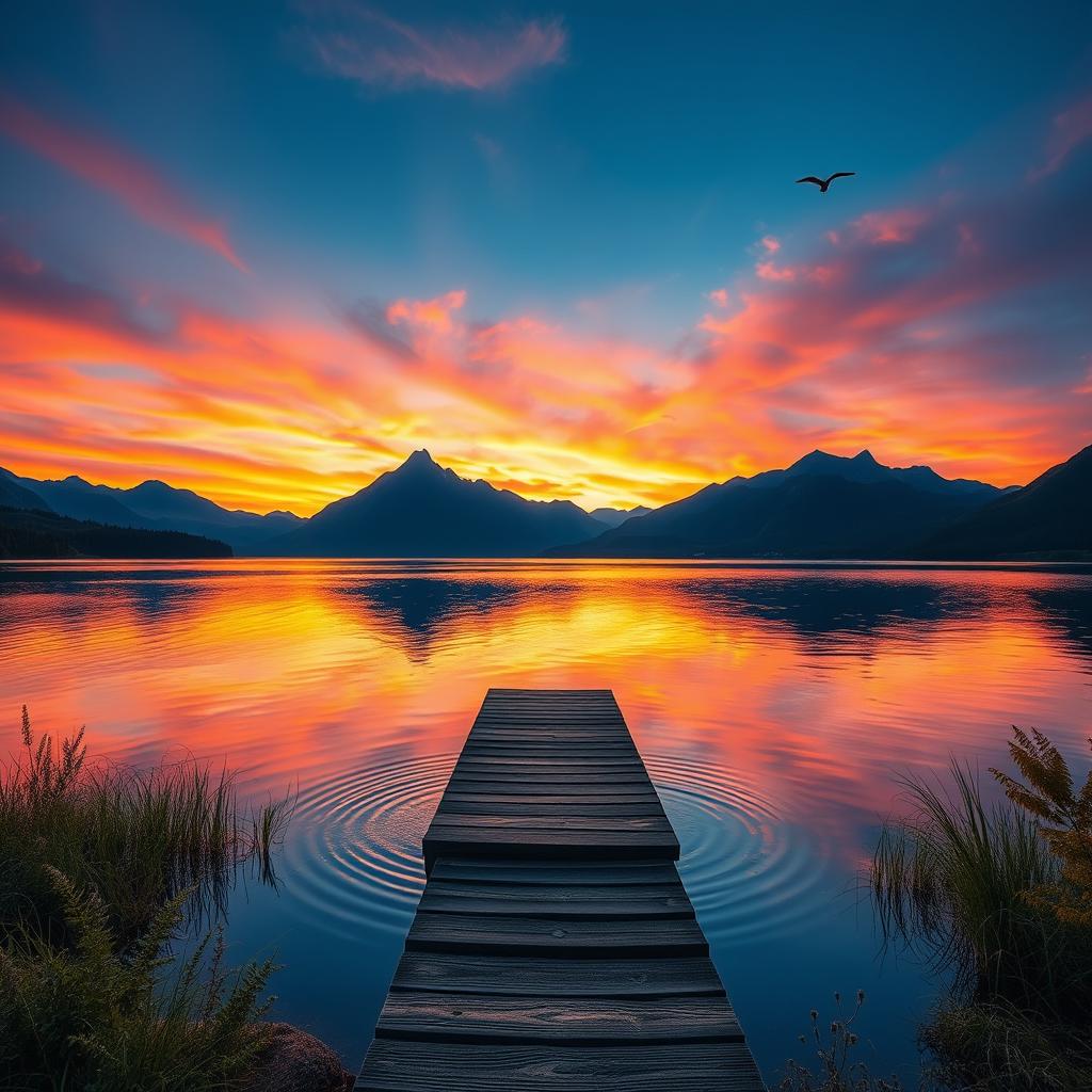 A serene landscape at sunset, featuring a tranquil lake reflecting the vibrant colors of the sky, surrounded by lush greenery and majestic mountains in the background