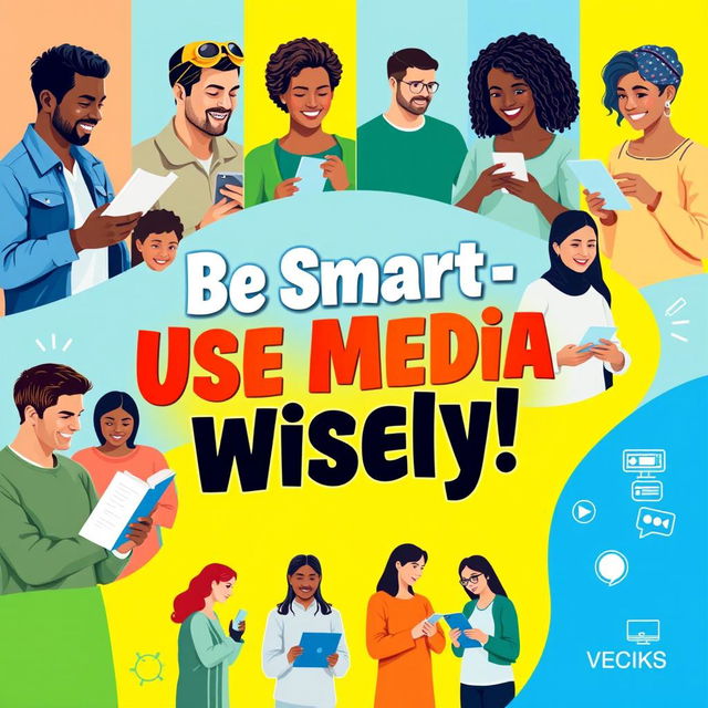 A vibrant and engaging digital campaign poster promoting the responsible use of media and information