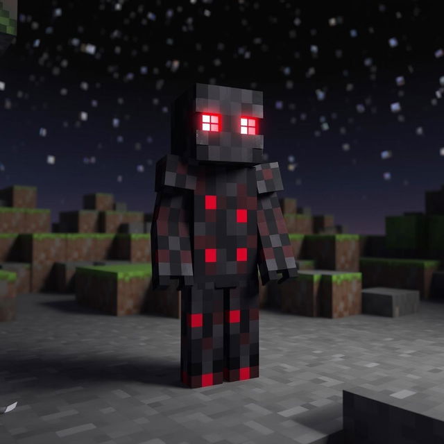 A striking representation of the Herobrine skin from Minecraft, showcasing its iconic dark and mysterious attire