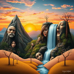 A surreal artwork featuring an abstract scene where various faces are seamlessly integrated into different elements of nature