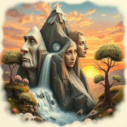 A surreal artwork featuring an abstract scene where various faces are seamlessly integrated into different elements of nature