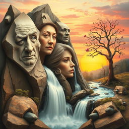 A surreal artwork featuring an abstract scene where various faces are seamlessly integrated into different elements of nature