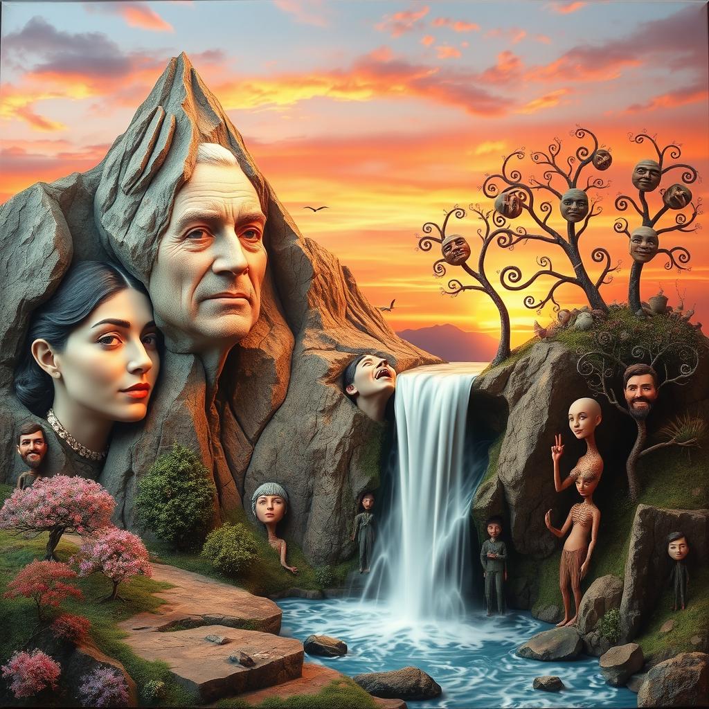 A surreal artwork featuring an abstract scene where various faces are seamlessly integrated into different elements of nature