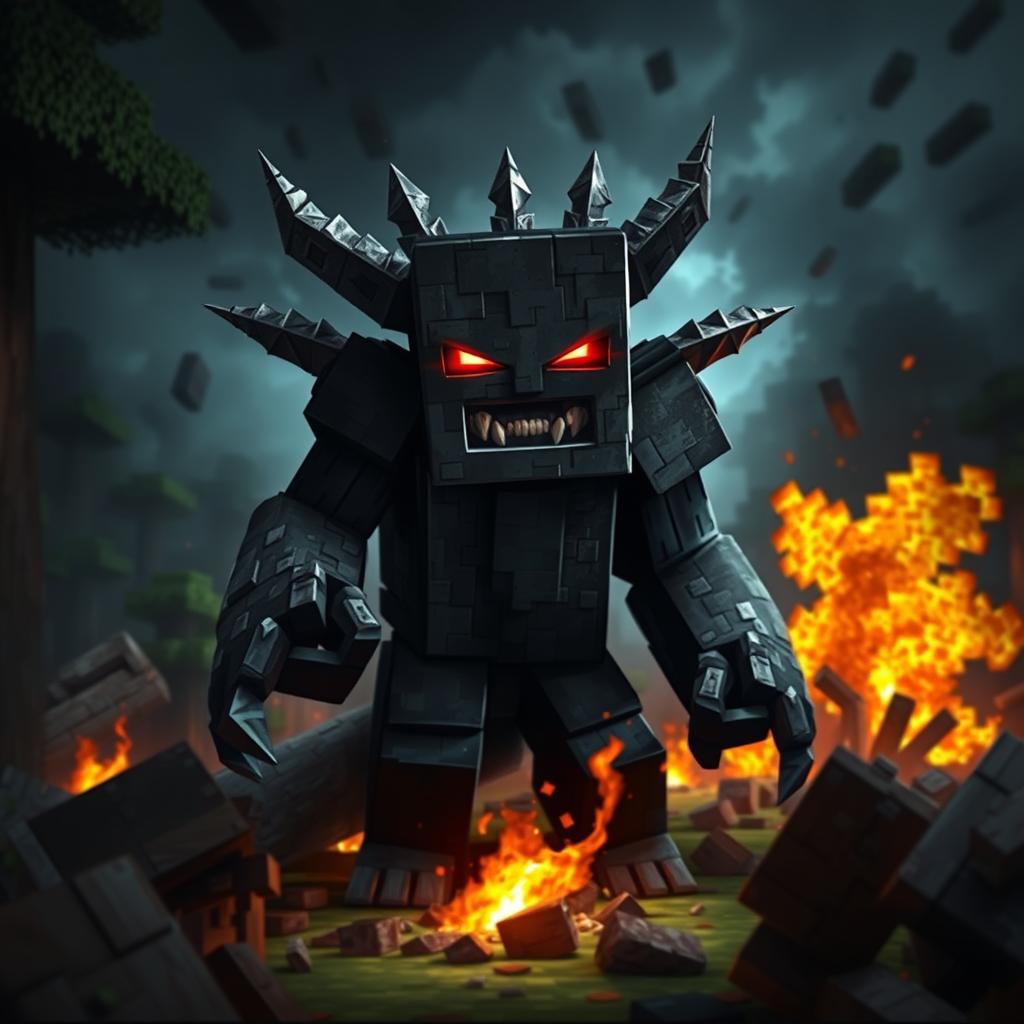 A digital artwork of Herobrine, a character from Minecraft, depicted with a powerful and menacing pose amidst a landscape of destruction