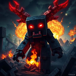 A digital artwork of Herobrine, a character from Minecraft, depicted with a powerful and menacing pose amidst a landscape of destruction