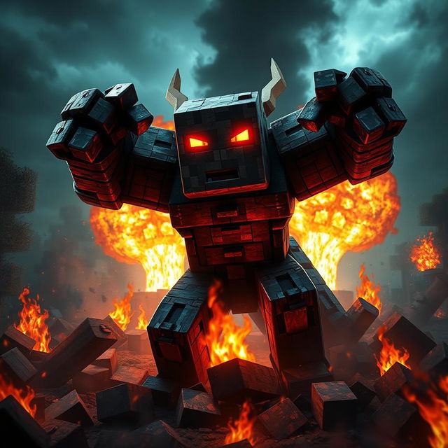 A digital artwork of Herobrine, a character from Minecraft, depicted with a powerful and menacing pose amidst a landscape of destruction