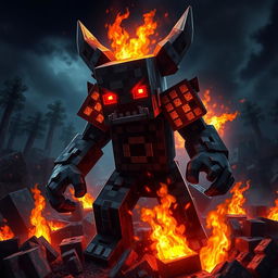 A digital artwork of Herobrine, a character from Minecraft, depicted with a powerful and menacing pose amidst a landscape of destruction