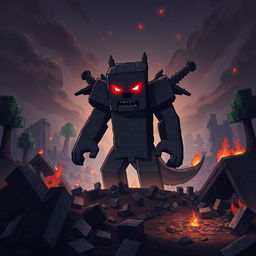 A striking digital illustration of Herobrine from Minecraft, showcasing him in a menacing stance amidst a devastated Minecraft landscape