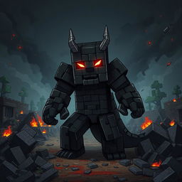 A striking digital illustration of Herobrine from Minecraft, showcasing him in a menacing stance amidst a devastated Minecraft landscape