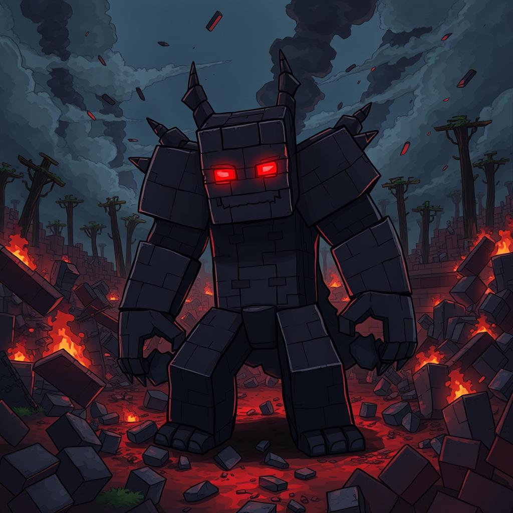 A striking digital illustration of Herobrine from Minecraft, showcasing him in a menacing stance amidst a devastated Minecraft landscape