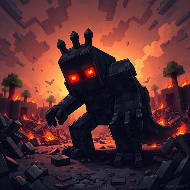 A striking digital illustration of Herobrine from Minecraft, showcasing him in a menacing stance amidst a devastated Minecraft landscape