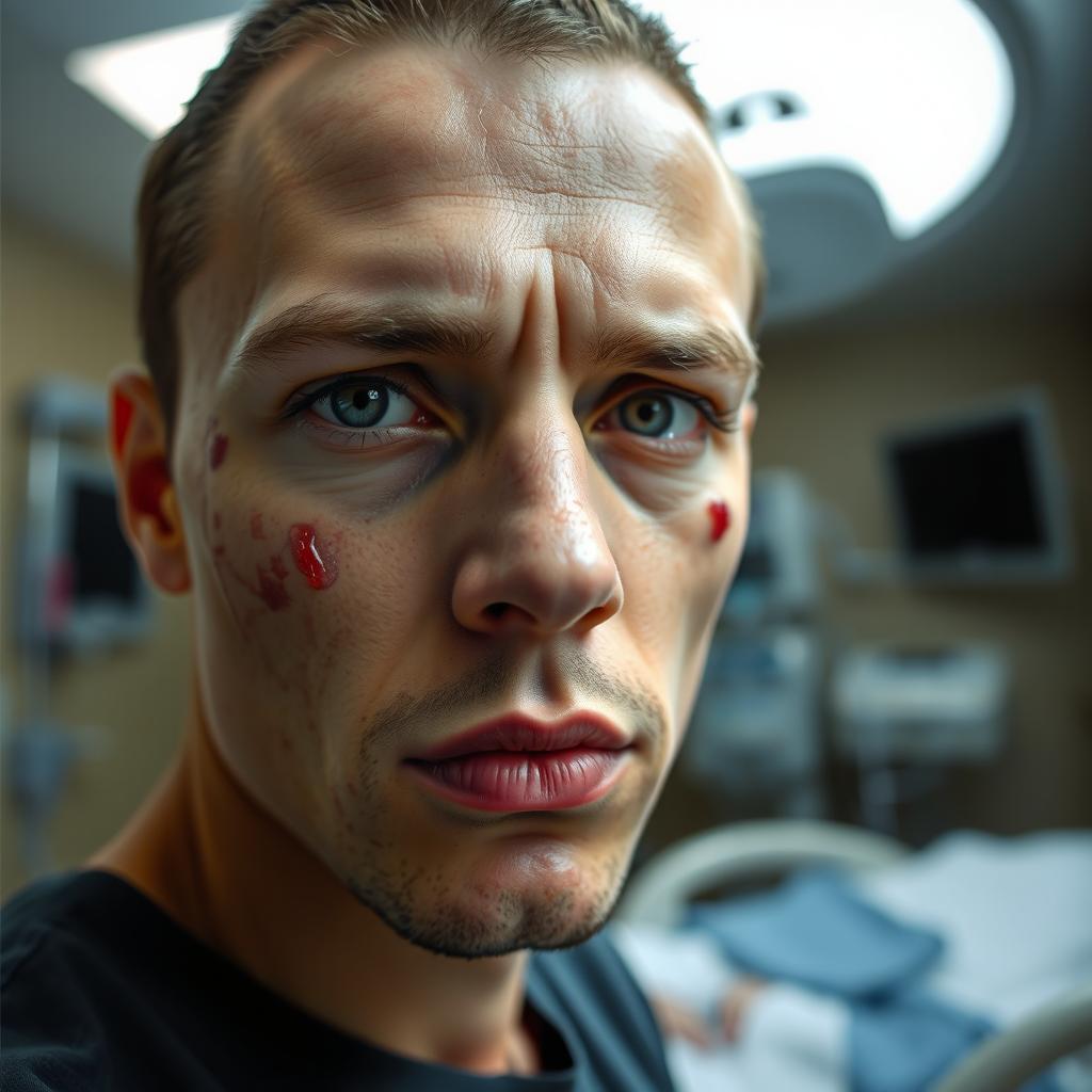 A close-up portrait of a person with a serious yet determined expression, featuring visible injuries on their face, such as bruises and small cuts