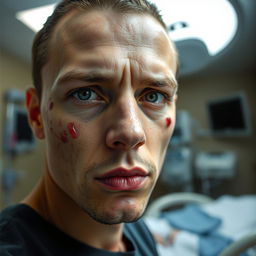 A close-up portrait of a person with a serious yet determined expression, featuring visible injuries on their face, such as bruises and small cuts