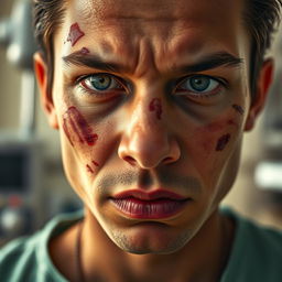 A close-up portrait of a person with a serious yet determined expression, featuring visible injuries on their face, such as bruises and small cuts