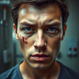 A close-up portrait of a person with a serious yet determined expression, featuring visible injuries on their face, such as bruises and small cuts