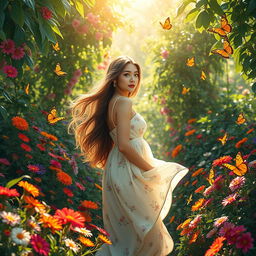 A vibrant, enchanting scene in a lush garden filled with colorful flowers and greenery