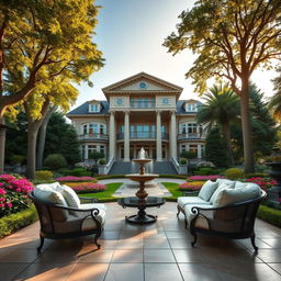 A grand, luxurious mansion set in a lush, manicured garden