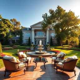 A grand, luxurious mansion set in a lush, manicured garden