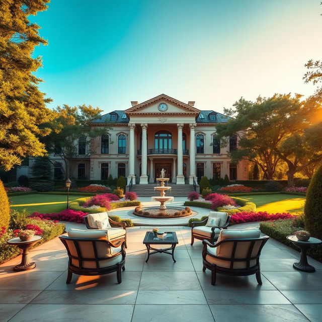 A grand, luxurious mansion set in a lush, manicured garden