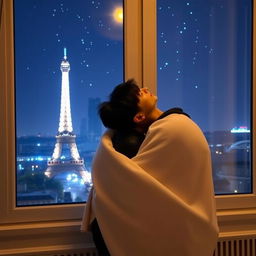 Jungkook and Taehyung in an intimate pose at a window with a breathtaking night view of the Eiffel Tower in the background