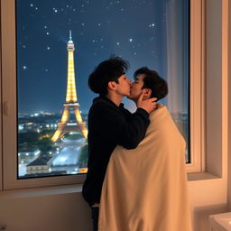 Jungkook and Taehyung in an intimate pose at a window with a breathtaking night view of the Eiffel Tower in the background