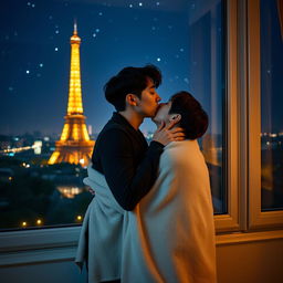 Jungkook and Taehyung in an intimate pose at a window with a breathtaking night view of the Eiffel Tower in the background