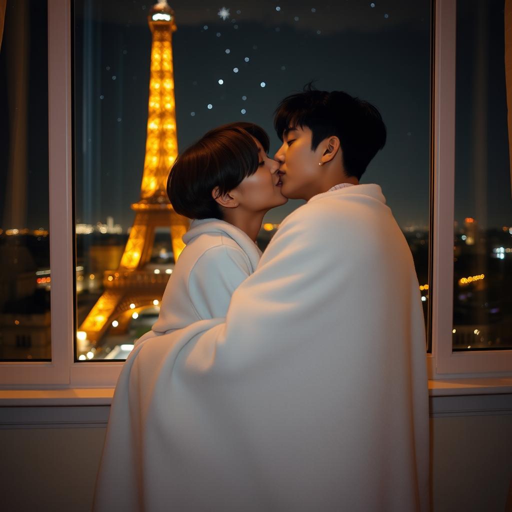 Jungkook and Taehyung in an intimate pose at a window with a breathtaking night view of the Eiffel Tower in the background