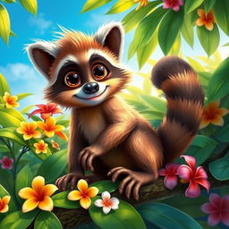 A vibrant and colorful depiction of a mucko, an imaginative creature blending features of a monkey and a raccoon