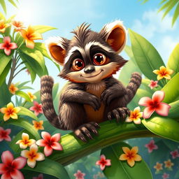 A vibrant and colorful depiction of a mucko, an imaginative creature blending features of a monkey and a raccoon