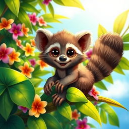 A vibrant and colorful depiction of a mucko, an imaginative creature blending features of a monkey and a raccoon