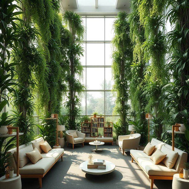 A serene open reading space featuring comfortable and inviting seating arrangements amidst tall, lush indoor plants forming a vertical garden