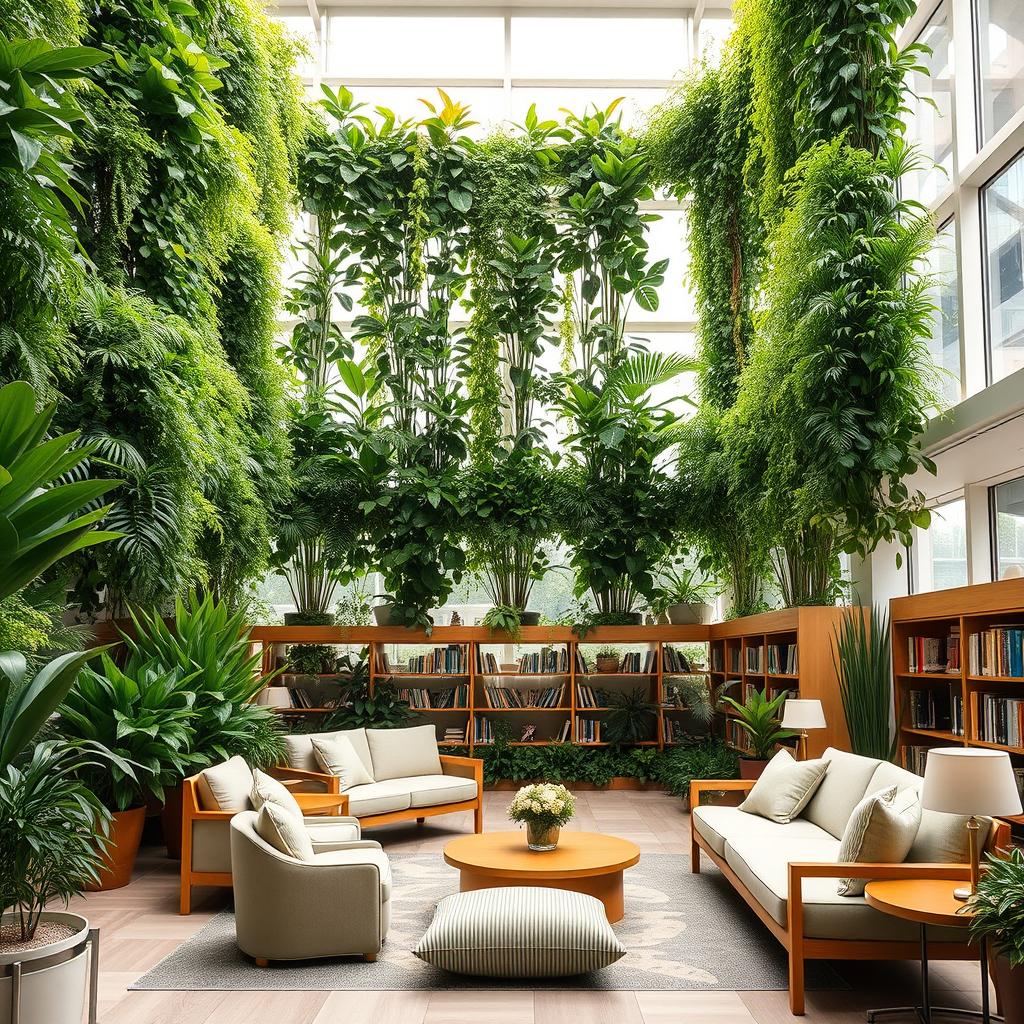 A serene open reading space featuring comfortable and inviting seating arrangements amidst tall, lush indoor plants forming a vertical garden