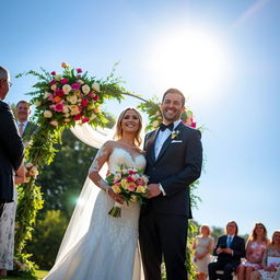 A beautiful outdoor wedding scene featuring a husband and wife