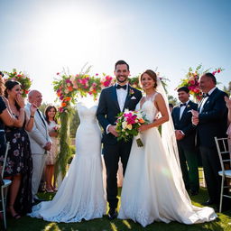 A beautiful outdoor wedding scene featuring a husband and wife