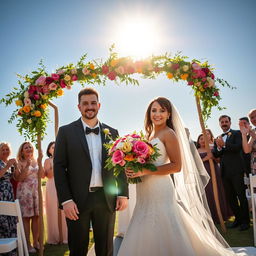 A beautiful outdoor wedding scene featuring a husband and wife