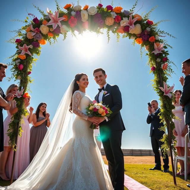 A beautiful outdoor wedding scene featuring a husband and wife