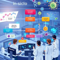 A detailed illustration of in silico vaccine designing, prominently featuring a flowchart that outlines the vaccine development process against a pathogen