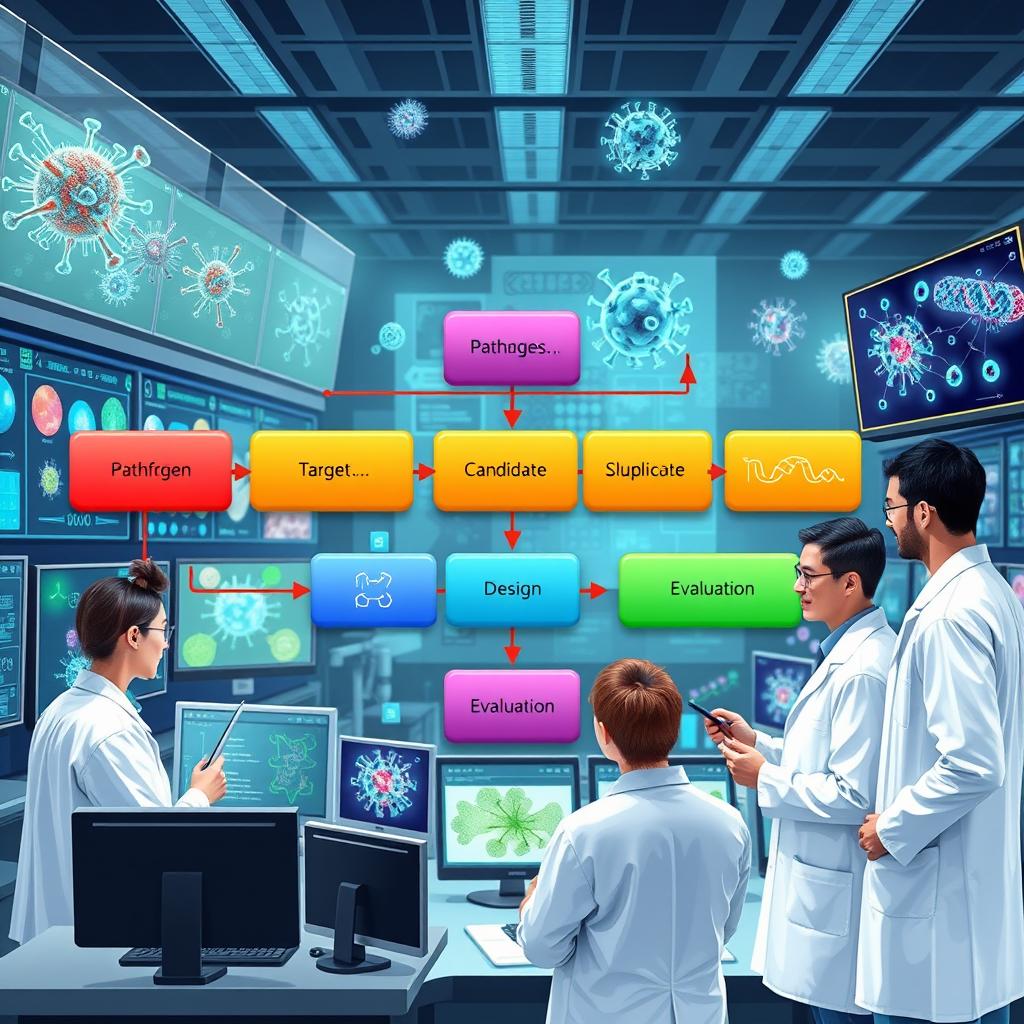 A detailed illustration of in silico vaccine designing, prominently featuring a flowchart that outlines the vaccine development process against a pathogen