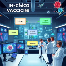A detailed illustration of in silico vaccine designing, prominently featuring a flowchart that outlines the vaccine development process against a pathogen