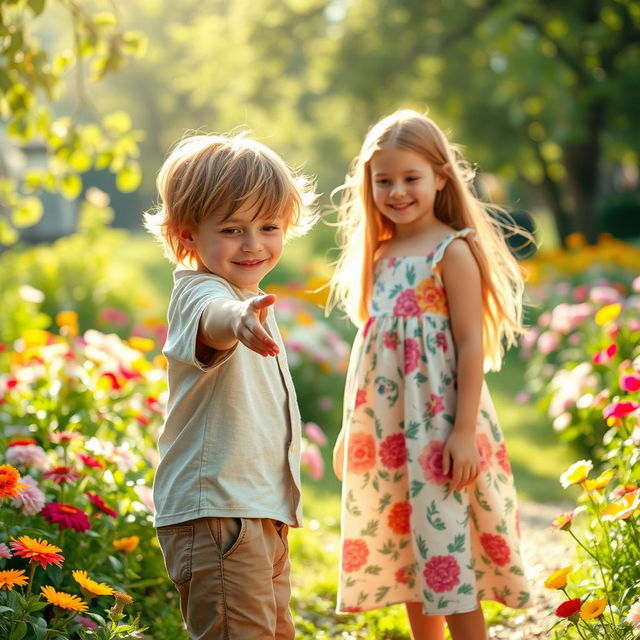 A young boy in casual clothing, with messy hair, reaching out his hand towards a beautiful girl in a summer dress