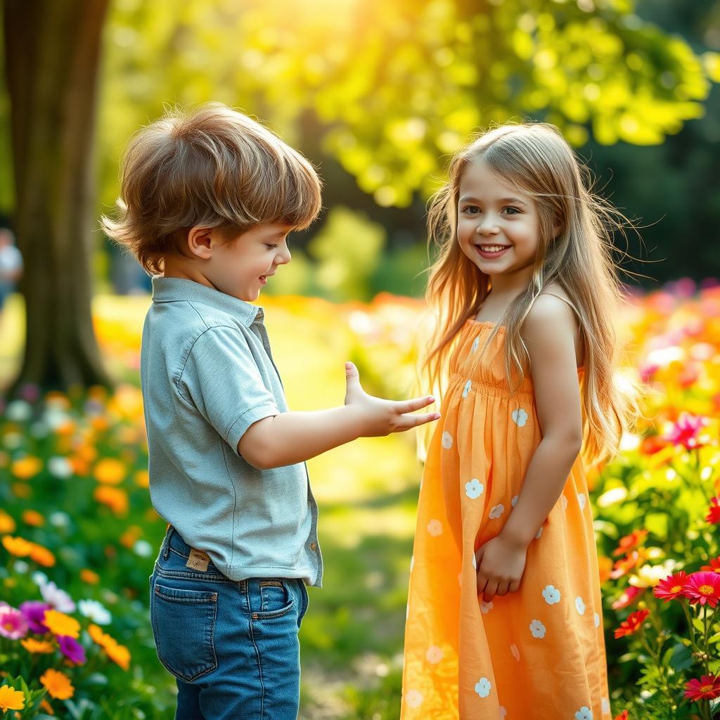 A young boy in casual clothing, with messy hair, reaching out his hand towards a beautiful girl in a summer dress
