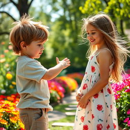 A young boy in casual clothing, with messy hair, reaching out his hand towards a beautiful girl in a summer dress