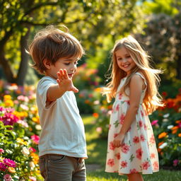 A young boy in casual clothing, with messy hair, reaching out his hand towards a beautiful girl in a summer dress