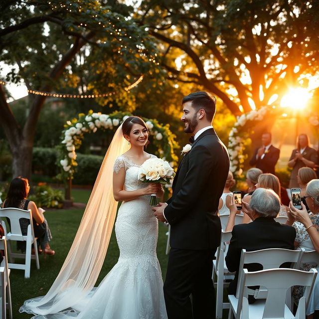 A beautiful outdoor wedding scene during golden hour, featuring a stunning bride in an elegant lace wedding gown with a long veil, holding a bouquet of white roses