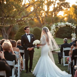 A beautiful outdoor wedding scene during golden hour, featuring a stunning bride in an elegant lace wedding gown with a long veil, holding a bouquet of white roses