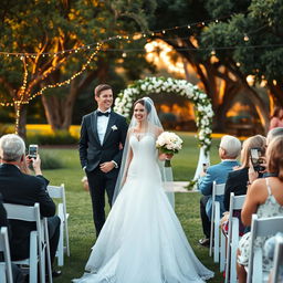 A beautiful outdoor wedding scene during golden hour, featuring a stunning bride in an elegant lace wedding gown with a long veil, holding a bouquet of white roses