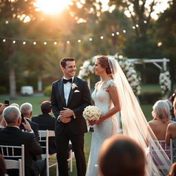 A beautiful outdoor wedding scene during golden hour, featuring a stunning bride in an elegant lace wedding gown with a long veil, holding a bouquet of white roses